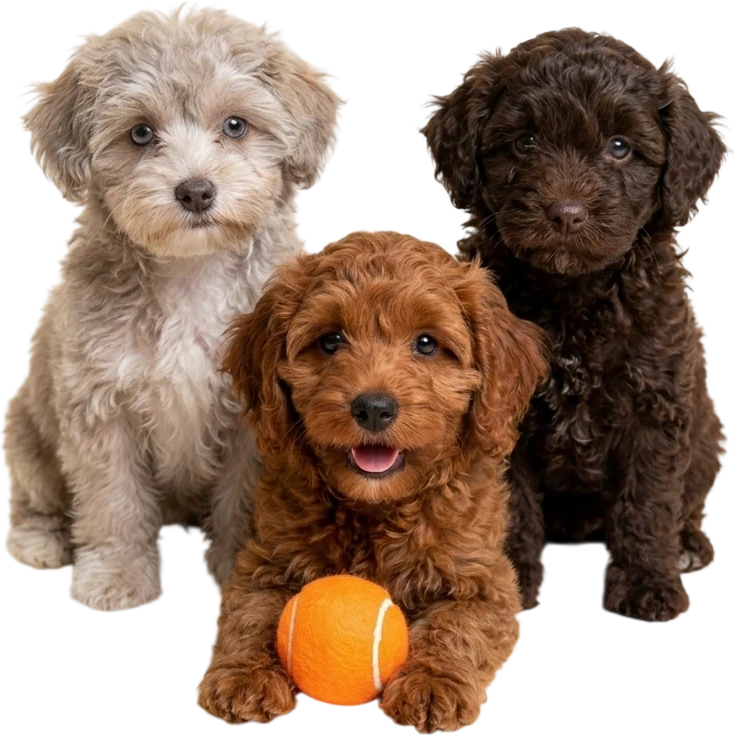 Tre cuccioli di barboncino toy: grigio, rosso e cioccolato, con una pallina